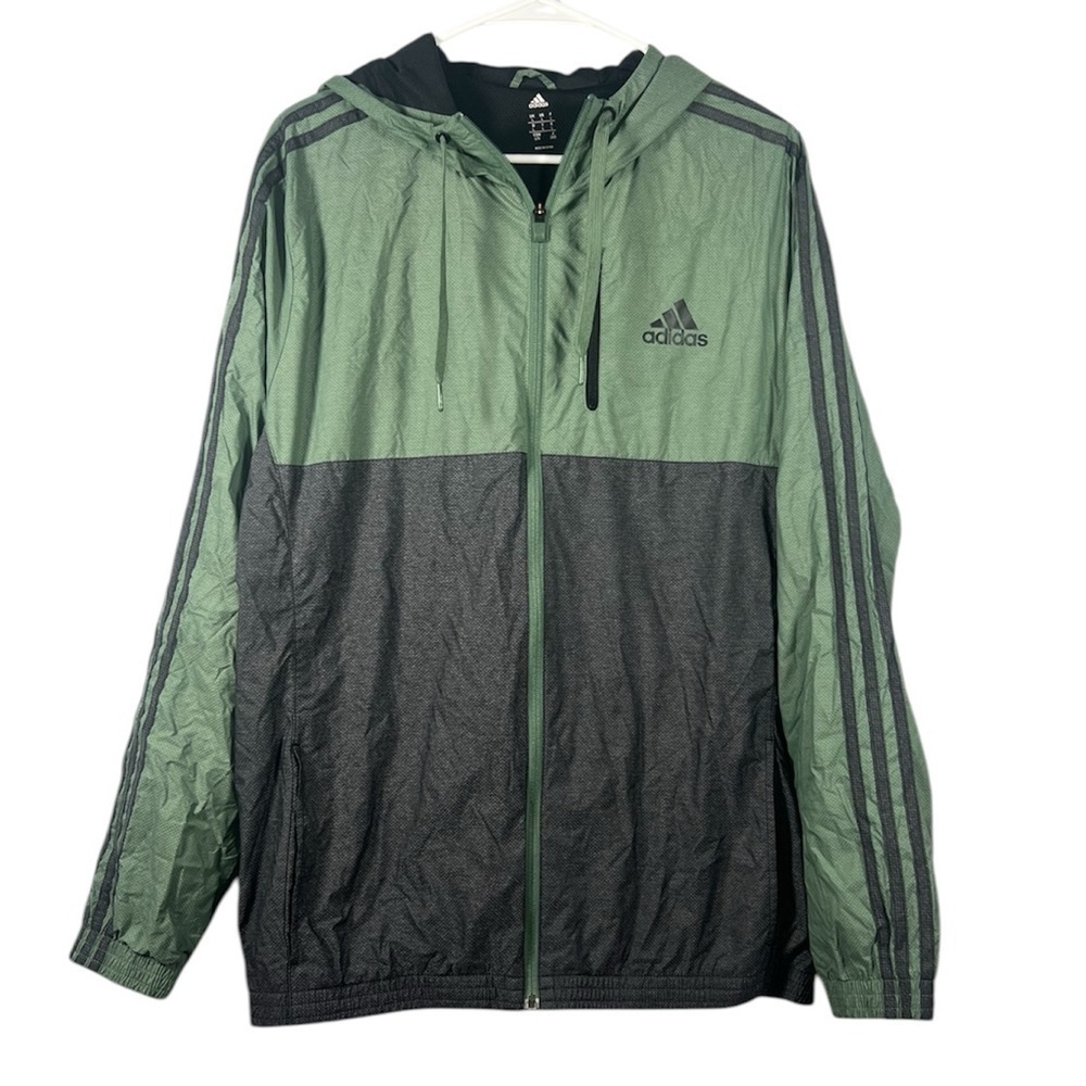 Adidas Windbreaker Full Zip Colorblock Stripe Arm Sage Green and Gray Large
